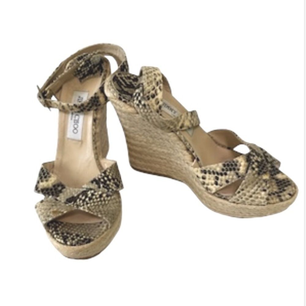 Jimmy Choo Phoenix Snake Print Leather Raffia Platform Wedge Shoe Size 41, US 11